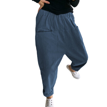 Pure kleur elastische taille Drop-Kruis zakken harembroek