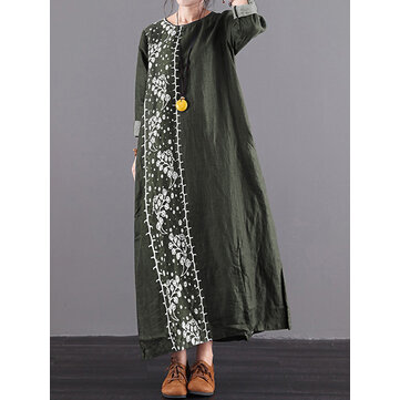 Femmes Maxi Robe Col Rond Lâche Split Vintage Maxi