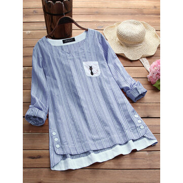 Lado Botões Listra Gato Bordado Patchwork Blusa