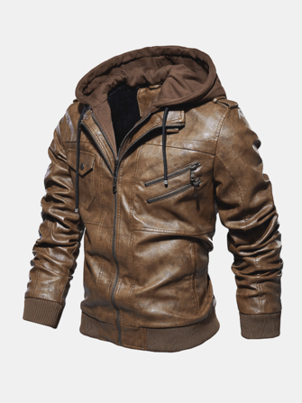Mens Fashion PU Hooded Zipper Jacket Warmer dicker Ledermantel