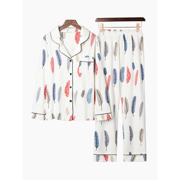 Womem Zestaw piżamy z klapami z długim rękawem i piórami