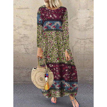 Mulheres algodão floral impressão aleatória o-pescoço vestido de manga longa