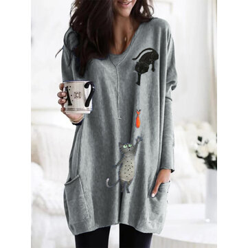 Lässige Katze Print Double Pockets Loose Shirts für Damen