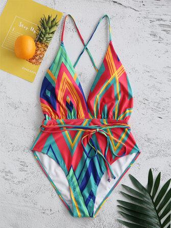 Floral Printed Drawstring Criss Cross Backless Swimwear