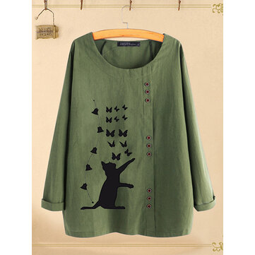 Frauen Cartoon Katze Print Rundhals Langarm T-Shirts