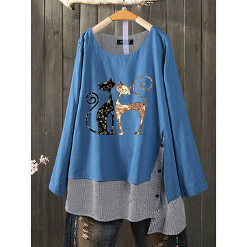 Camicetta patch scozzese allentata O-collo stampa gatto Cartoon