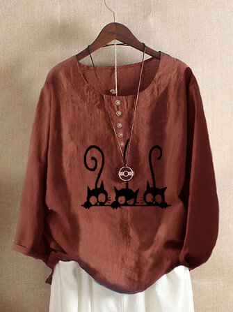 Artı boyutu çizgi film Kedi yazdırma mürettebatı Boyun uzun kollu bluz