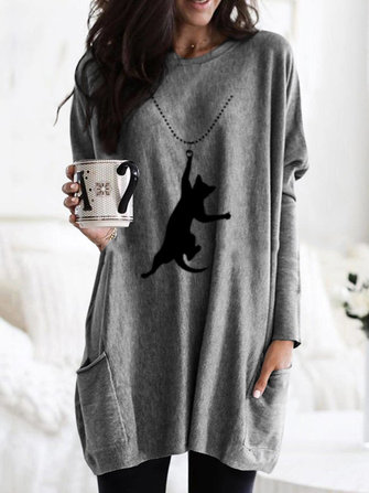 女性漫画猫プリント長袖ルーズブラウス