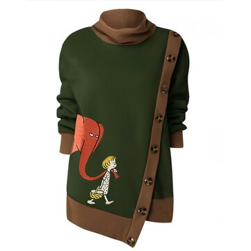 Düzensiz Karikatür Baskı Düğme Uzun Kollu Casual Kapşonlu