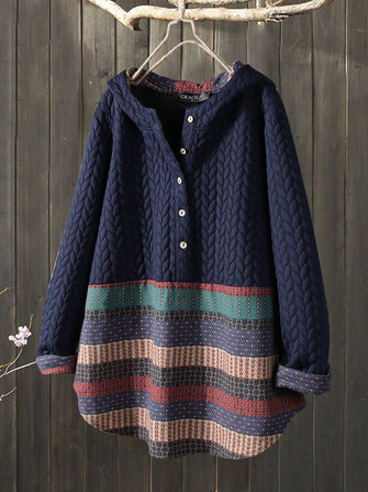 Vintage Jacquard Patch Print Button Long Sleeve Sweatshirts