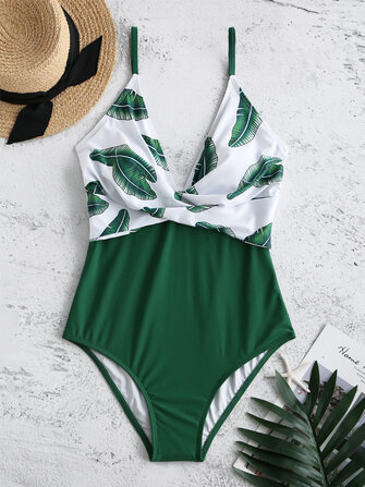 Büyük Beden Dalma V Boyun Baskılı Backless Tek Parça Mayo