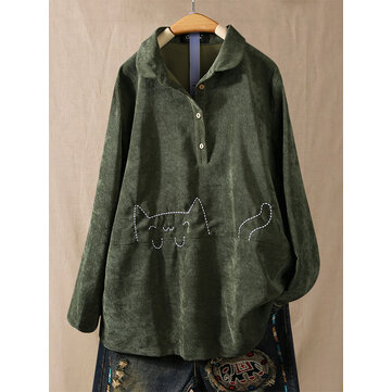 Gato bonito dos desenhos animados botão impressão blusa de colarinho