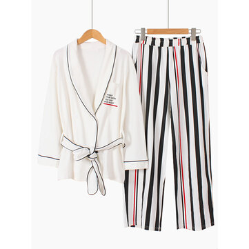 القطن كيمونو الشريط مطبوعة كم طويل بيجامة عارضة مجموعة