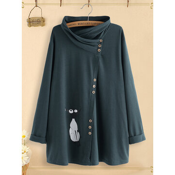 Cartoon Nette Katze Rollkragen Asymmetrische Bluse