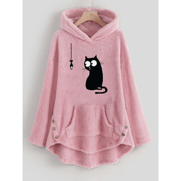 Frauen-Karikatur Katze seitliches Knopf-mit Kapuze Vlies-Sweatshirt