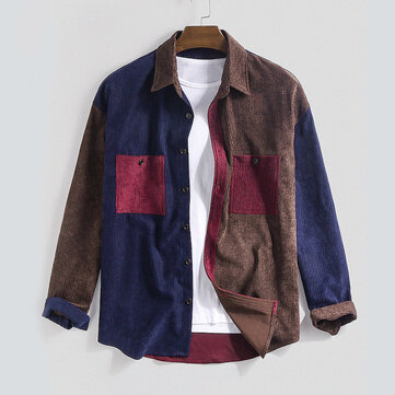 メンズヴィンテージパッチワークダブルポケット長袖シャツ Banggoodで