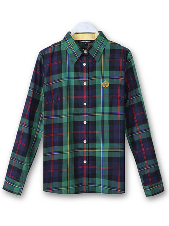 女性のコットンボタンブラウスのチェック柄ロングスリーブシャツ